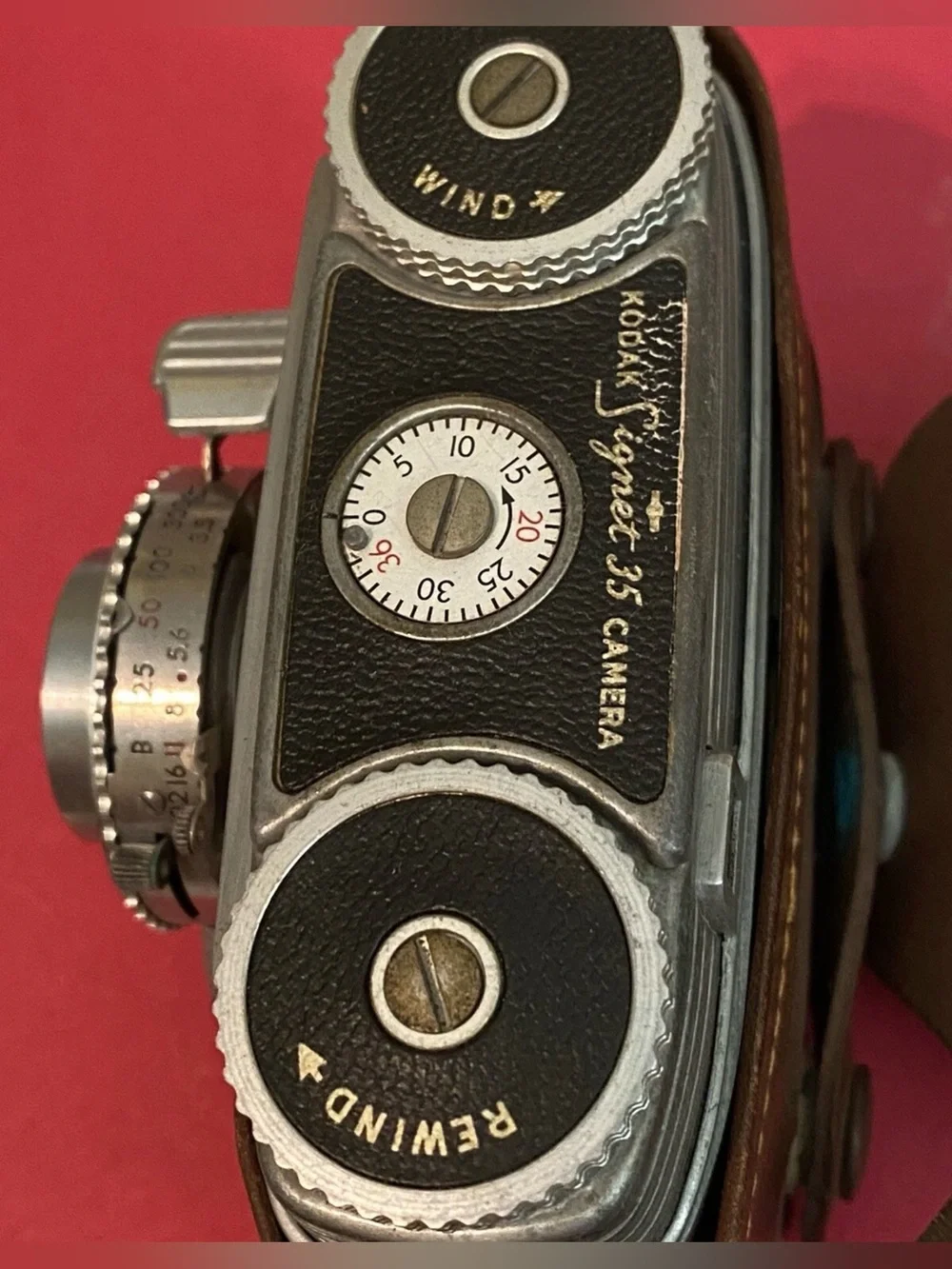 Vintage Kodak Signet 35 Camera with Brown Leather Case and Silver Metal Body